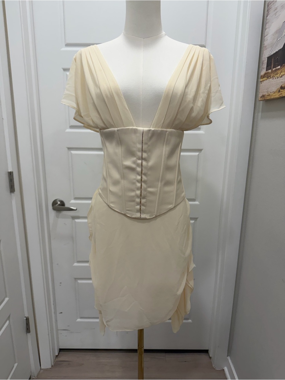 Oh Polly Cerise - Draped Corset Dress Cream Mini Dress - Picture 2 of 8